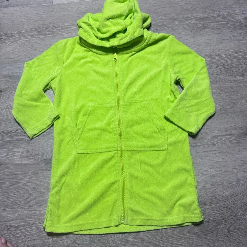 Lily & Dan Kids Neon Lime Green Terry Cloth Hooded Zip Up Swim Cover Up XS 4-5